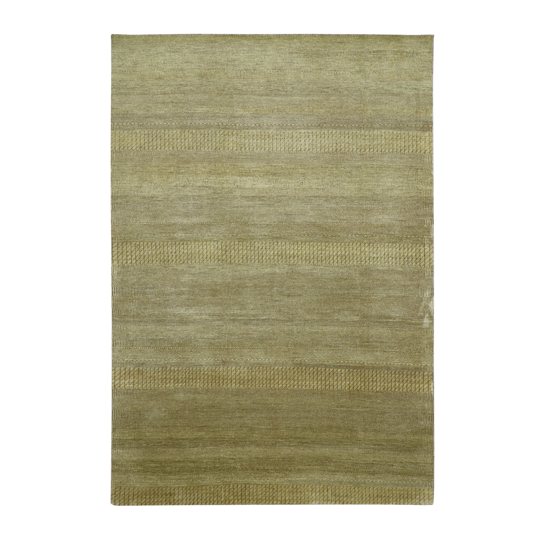 6'1"x9'6" Peanut Brown, Modern Grass Design, Hand Knotted, Borderless, Denser Weave, Wool and Silk, Oriental Rug 